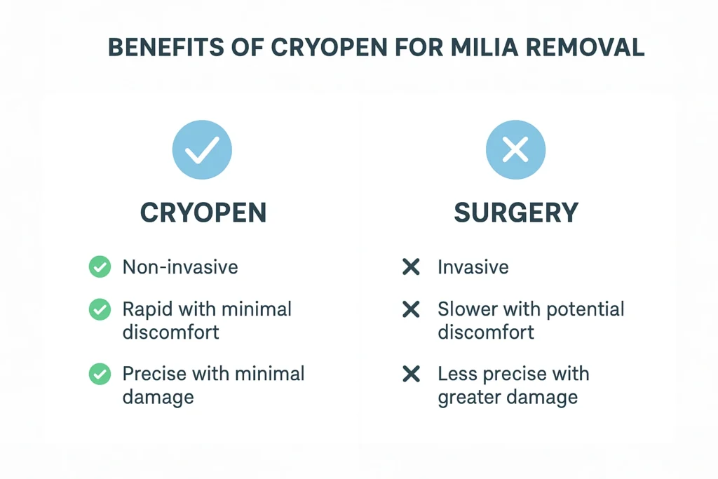 Benefits of cryopen for milia removal Woodham Ferrers compared to surgical treatments.