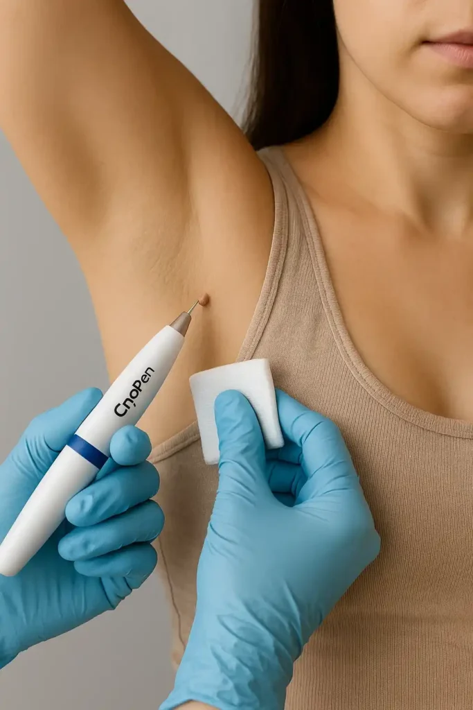 woman having cryopen to remove underarm skin tags Woodham Ferrers