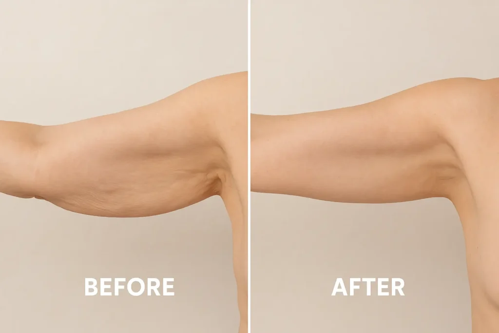 Picture of LA LIPO Woodham Ferrers before and after results of skin tightening treatment on the upper arms.