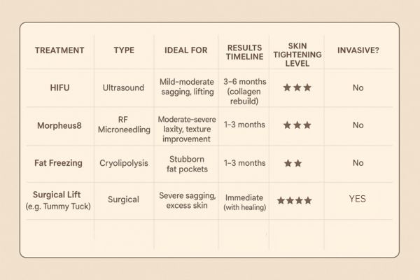 Table showing the comparisons of Skin tightening Woodham Ferrers treatment options.